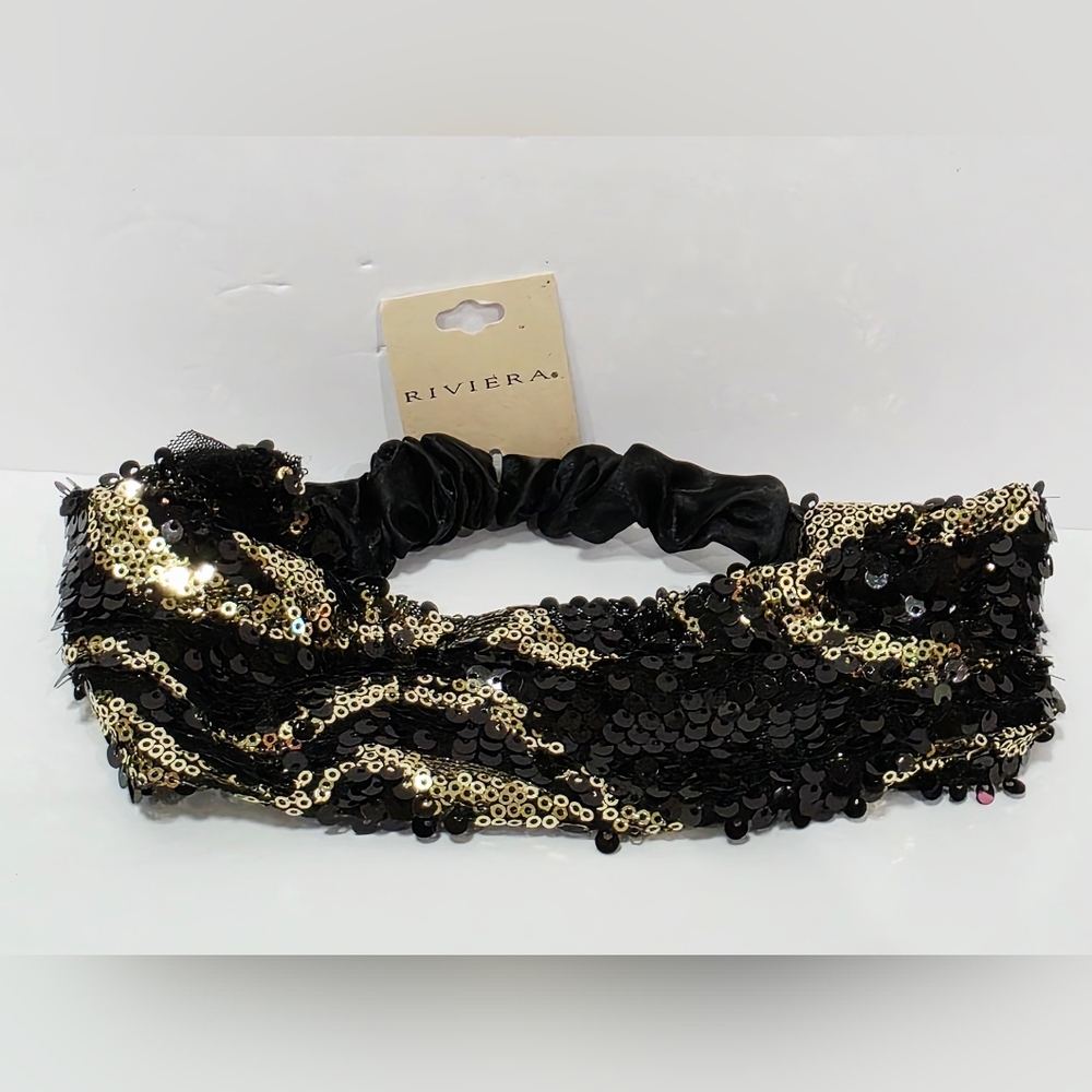 Riviera SEQUIN BLACK GOLD Headband Stretch Satin Elastic Hair Mardi Gras New